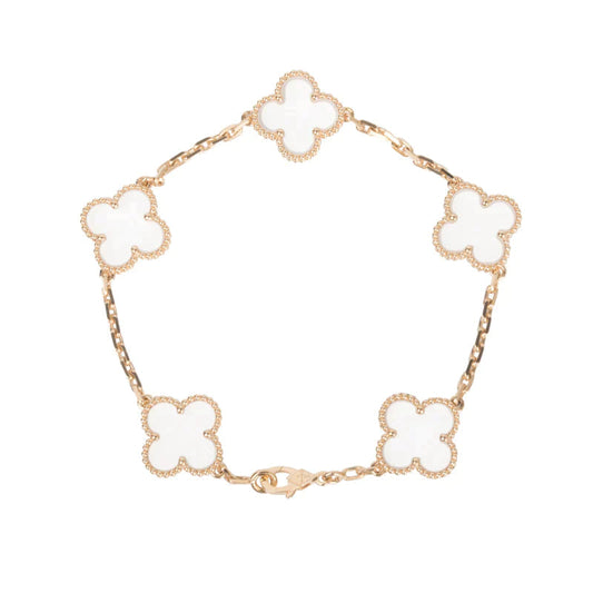 CLOVER 5 MOTIF ROCK CRYSTAL PINK GOLD BRACELET