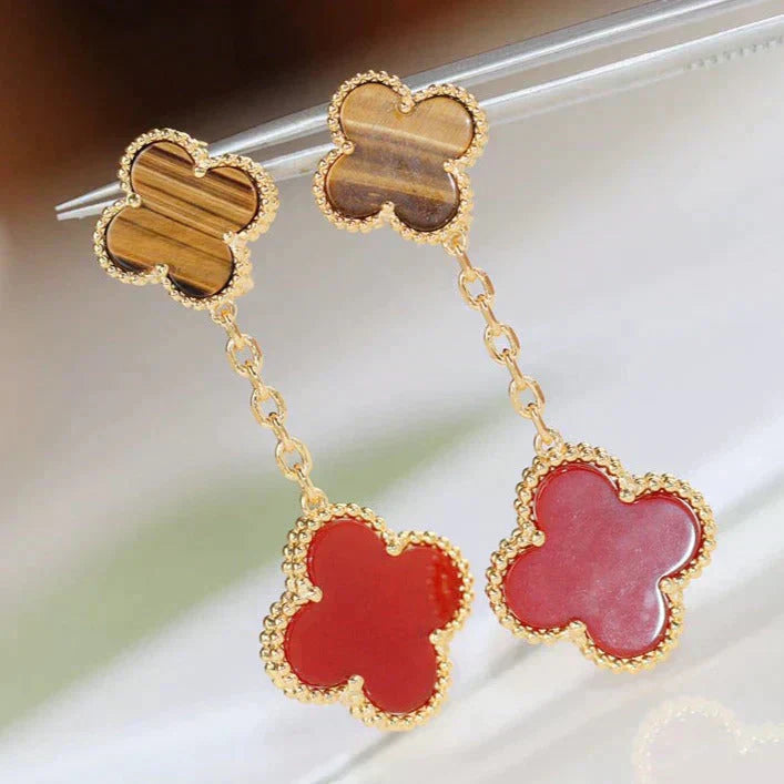 CLOVER  2 MOTIF  TIGER EYE CARNELIAN EARRINGS