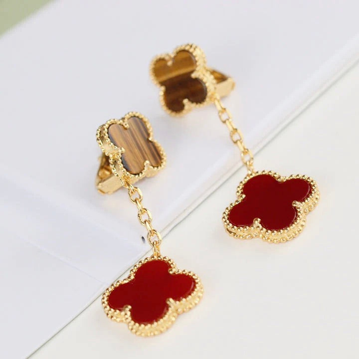 CLOVER  2 MOTIF  TIGER EYE CARNELIAN EARRINGS