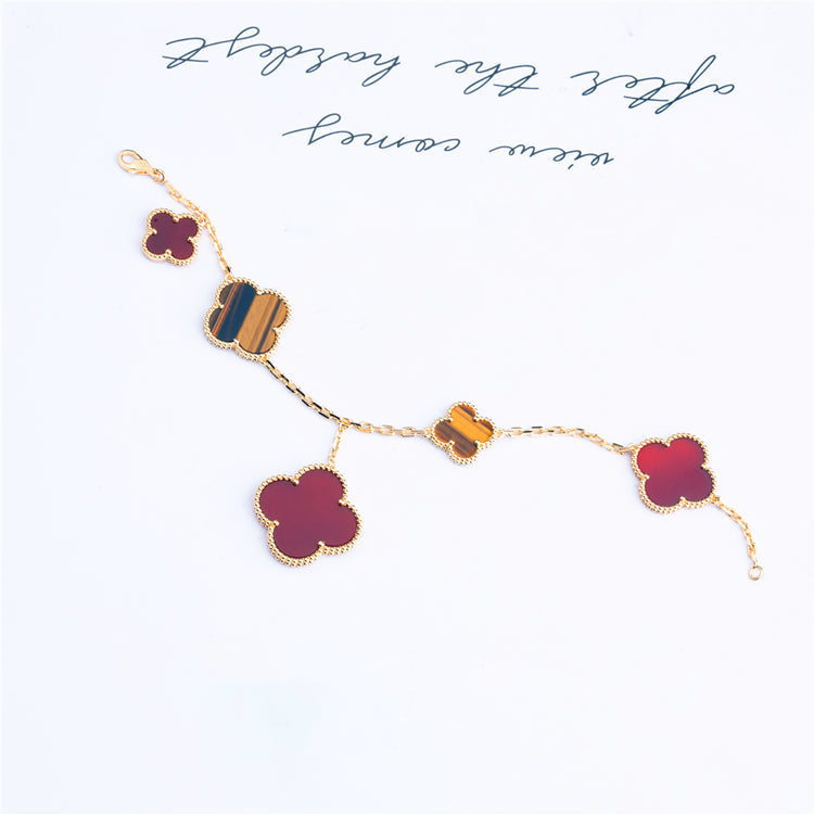 CLOVER BRACELET 5 MOTIFS CARNELIAN TIGER EYE