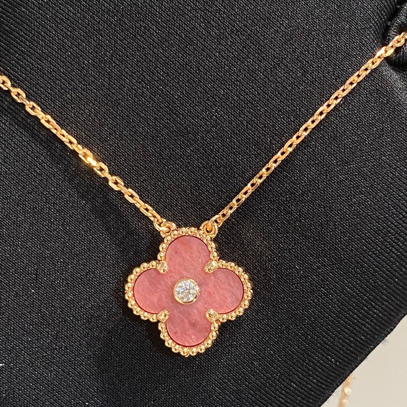 CLOVER 15MM DIAMOND RHODONITE NECKLACE