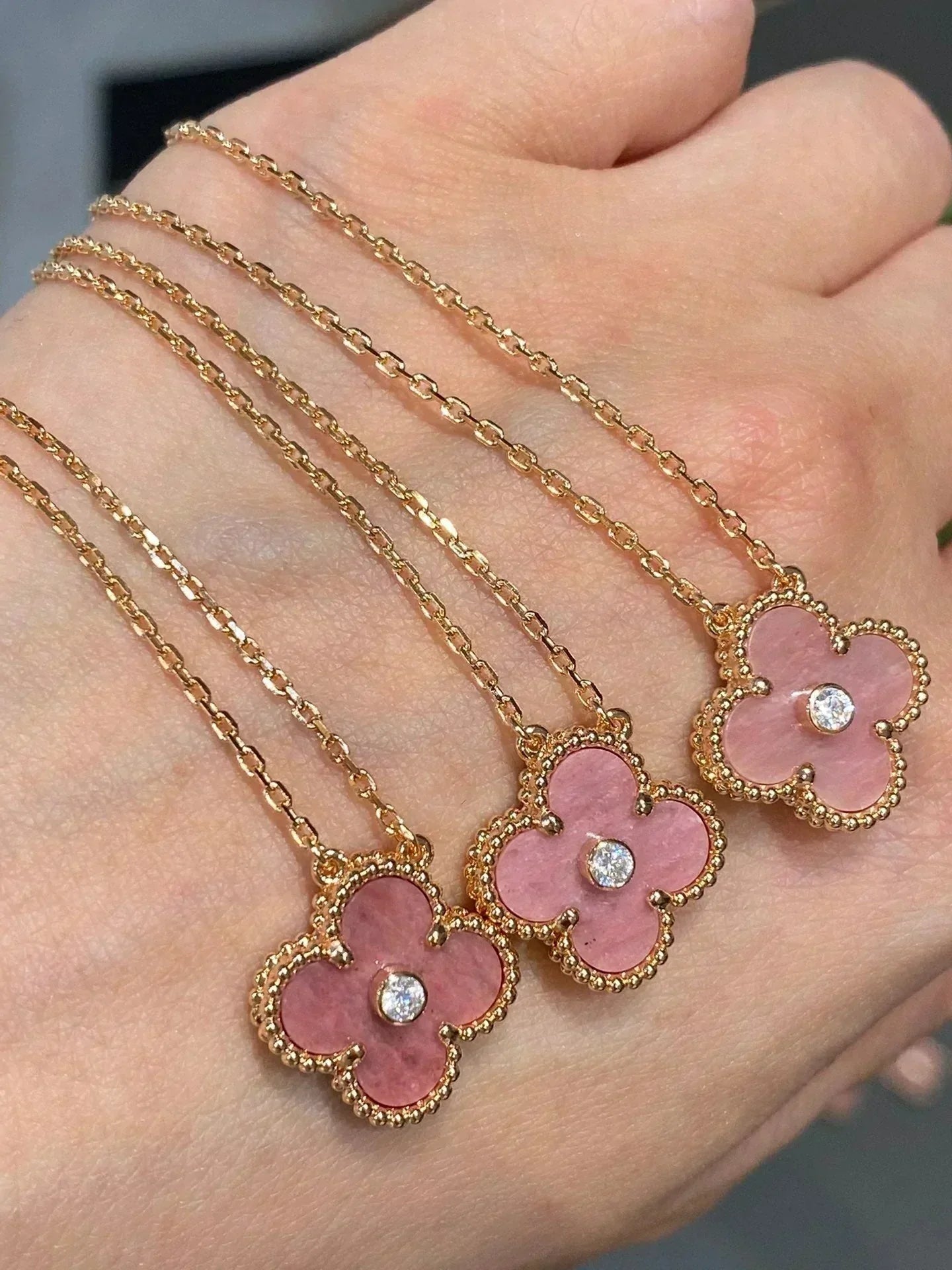 CLOVER 15MM DIAMOND RHODONITE NECKLACE