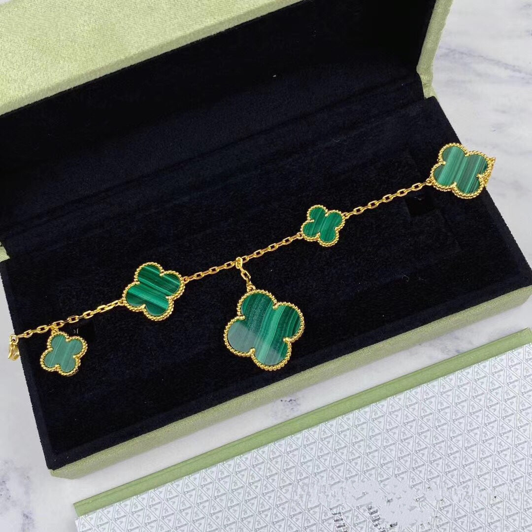 MAGIC CLOVER MALACHITE GOLD BRACELET 5 MOTIFS