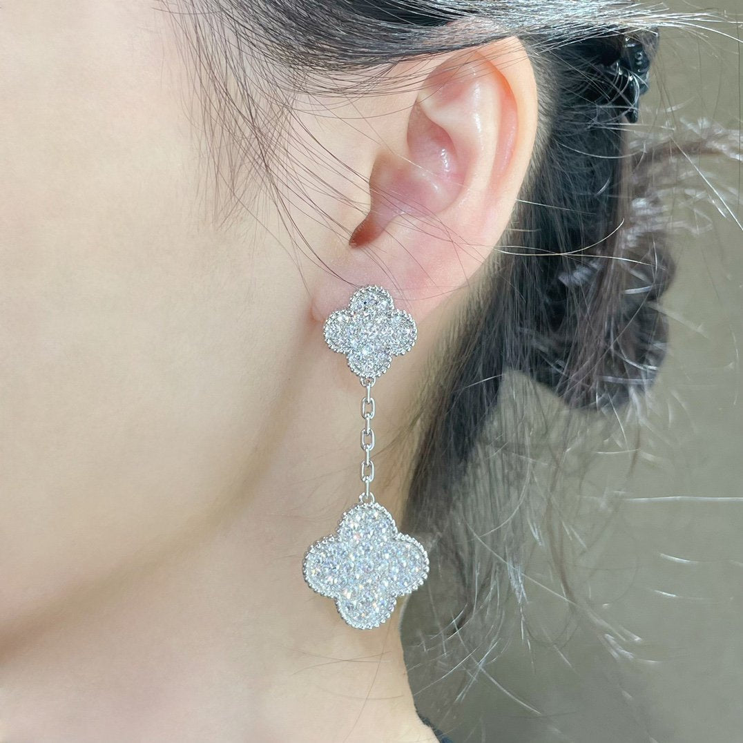 CLOVER 2 MOTIFS DIAMOND PAVED SILVER EARRINGS