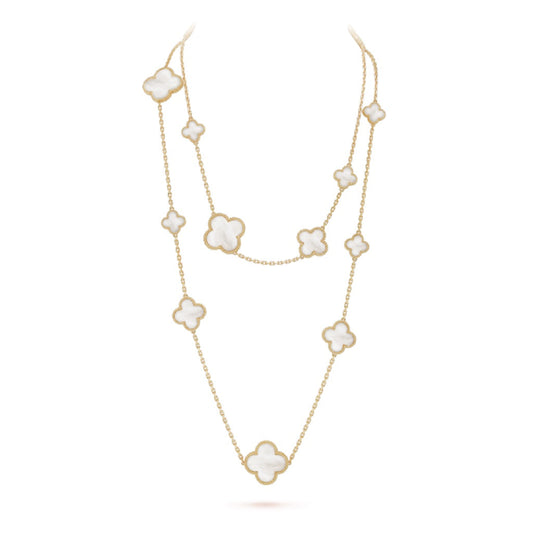 CLOVER 16 MOTIF WHITE MOP GOLD NECKLACE