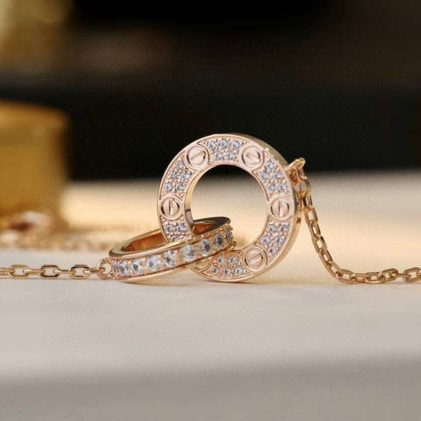 LOVE 7.6MM NECKLACE ROSE GOLD AND SILVER  FULL DIAMOND