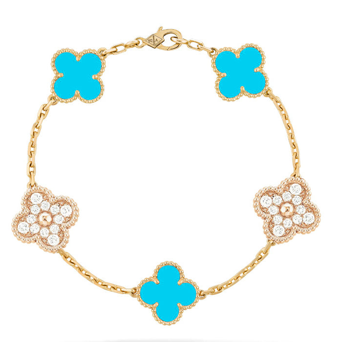 CLOVER 5 MOTIF TURQUOISE DIAMOND GOLD BRACELET