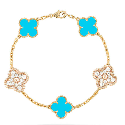 CLOVER 5 MOTIF TURQUOISE DIAMOND GOLD BRACELET