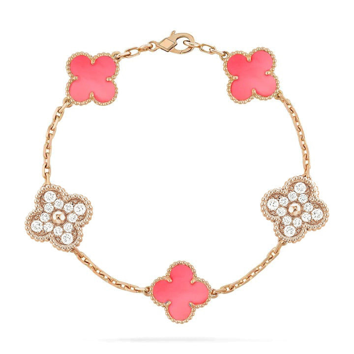 CLOVER 5 MOTIF DIAMOND PINK MOP PINK GOLD BRACELET