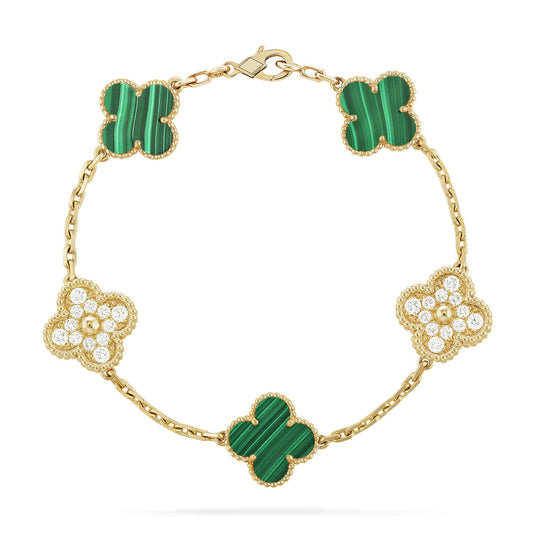 CLOVER  5 MOTIF MALACHITE DIAMOND BRACELET