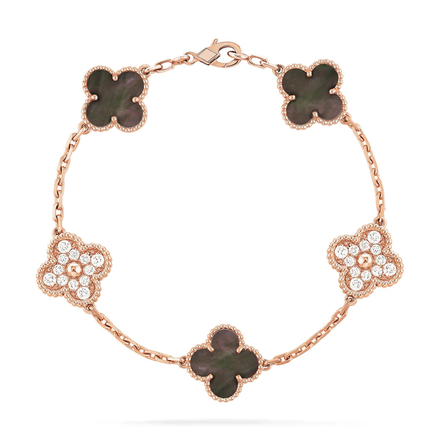 CLOVER 5 MOTIFS DARK MOP AND DIAMONDS PINK GOLD BRACELET