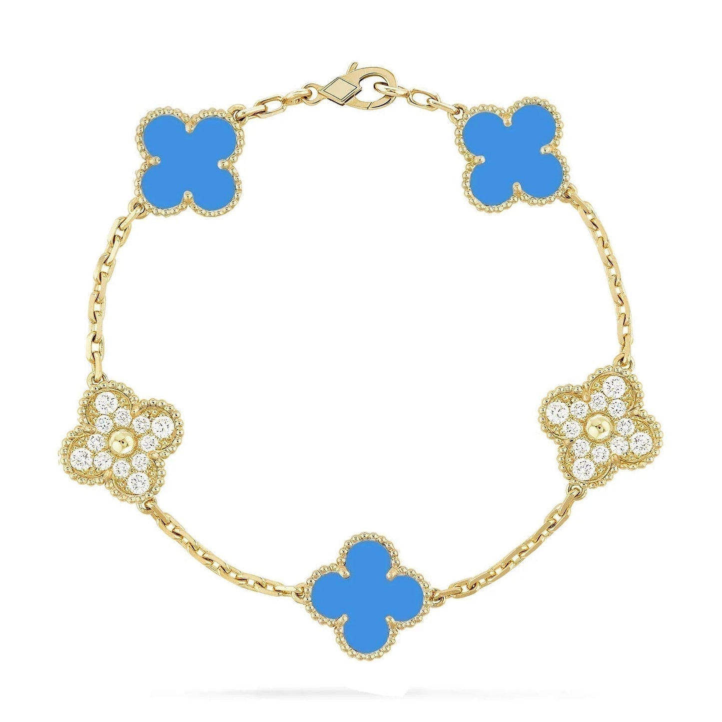 CLOVER 5 MOTIF BLUE CHALCEDONY DIAMOND GOLD BRACELET