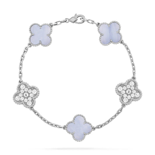 CLOVER  5 MOTIF DIAMOND PURPLE CHALCEDONY BRACELET SILVER