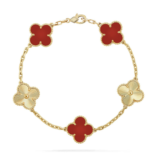 CLOVER  5 MOTIFS CARNELIAN GOLD BRACELET