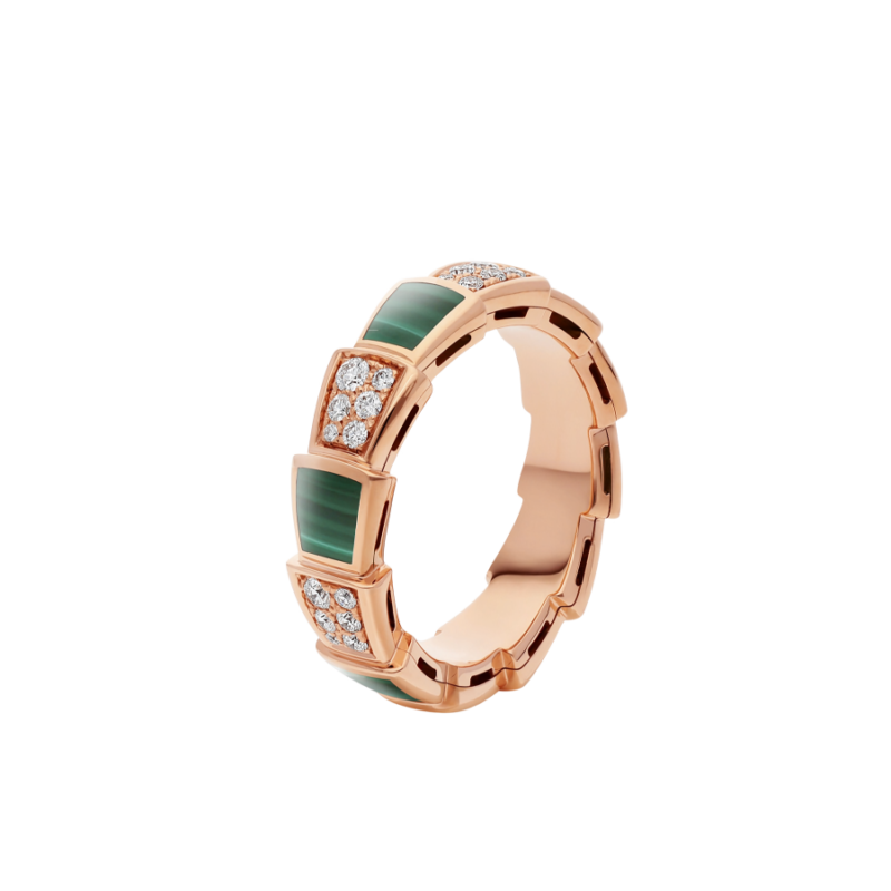 SERPENTI RING PINK GOLD MALACHITE DIAMOND PAVED 4MM