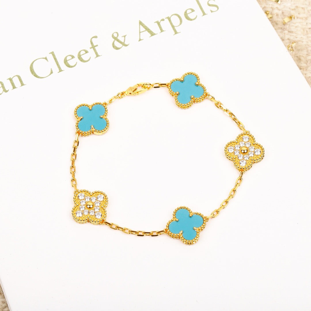 CLOVER 5 MOTIF TURQUOISE DIAMOND GOLD BRACELET