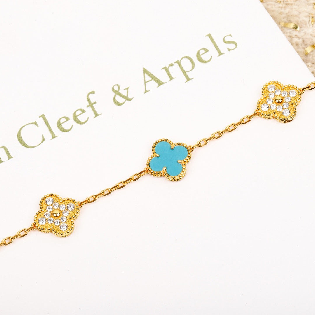 CLOVER 5 MOTIF TURQUOISE DIAMOND GOLD BRACELET