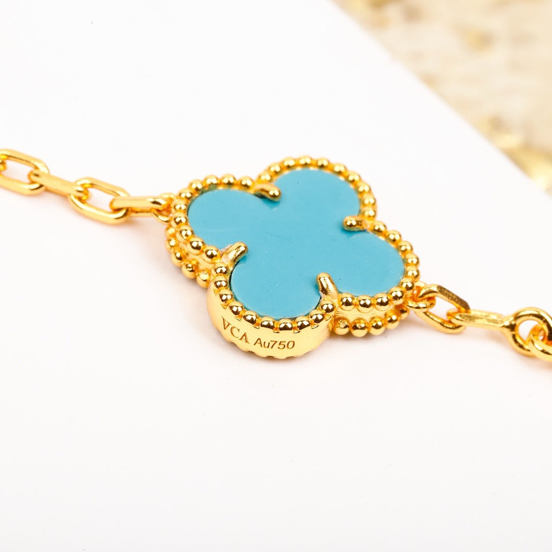 CLOVER 5 MOTIF TURQUOISE DIAMOND GOLD BRACELET