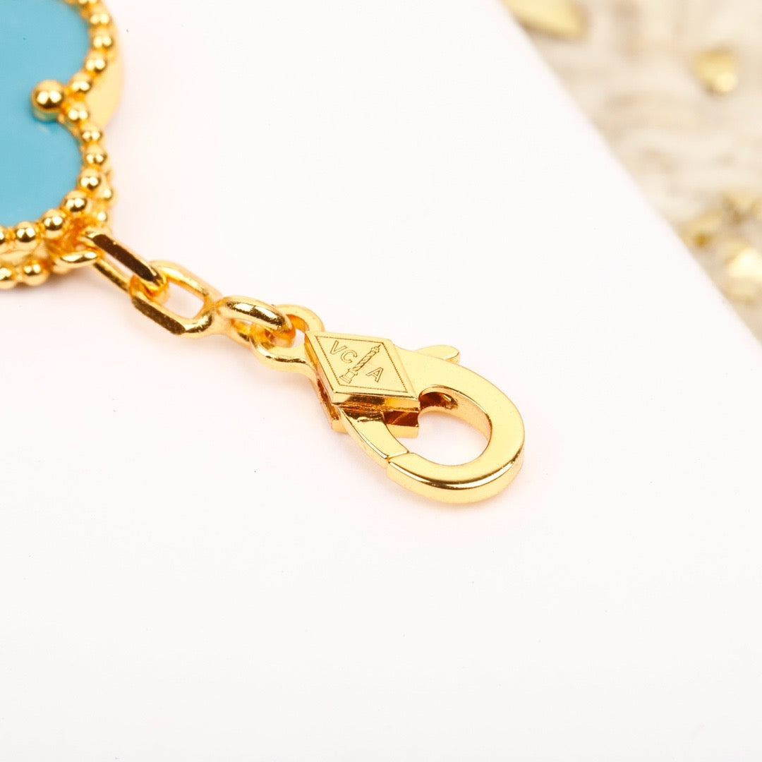 CLOVER 5 MOTIF TURQUOISE DIAMOND GOLD BRACELET