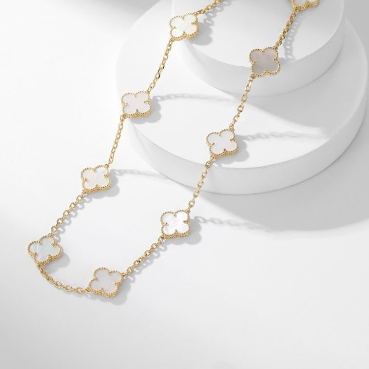 CLOVER 10 MOTIFS WHITE MOTHER OF PEARL NECKLACE