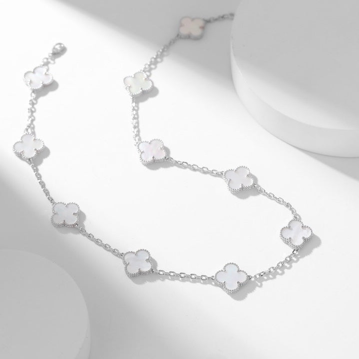 CLOVER 10 MOTIFS WHITE MOTHER OF PEARL NECKLACE