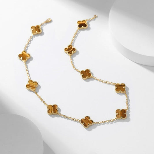 CLOVER 10 MOTIFS TIGER EYE NECKLACE