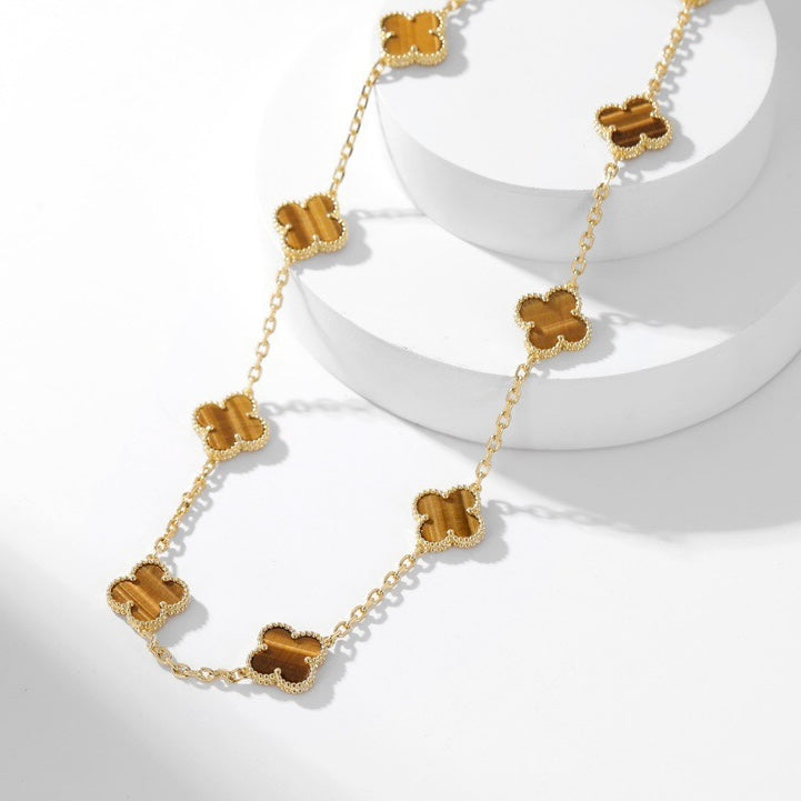 CLOVER 10 MOTIFS TIGER EYE NECKLACE