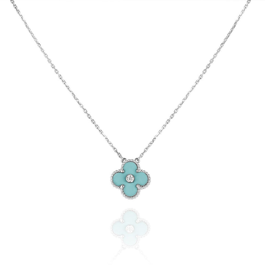 CLOVER 1 DIAMOND LIGHT BLUE SILVER NECKLACE