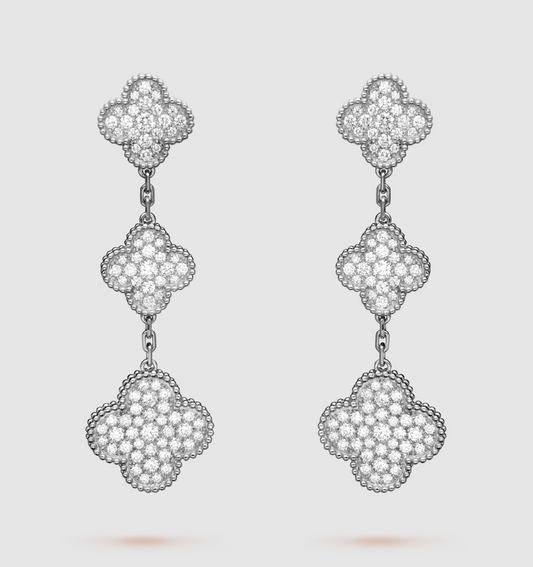 CLOVER 3 MOTIF DIAMOND SILVER DROP EARRINGS