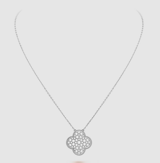 CLOVER 25MM LARGE PENDANT DIAMOND PAVED SILVER NECKLACE