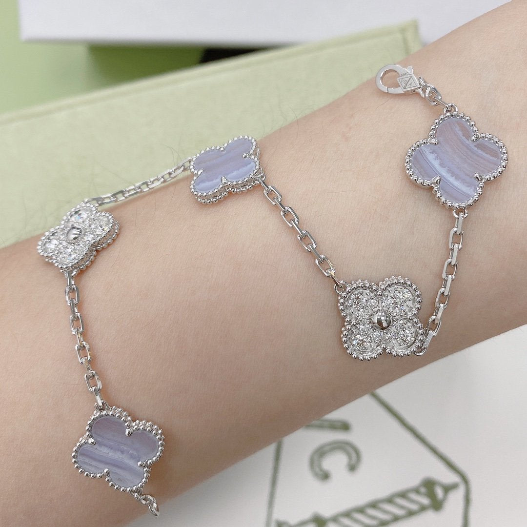 CLOVER  5 MOTIF DIAMOND PURPLE CHALCEDONY BRACELET SILVER