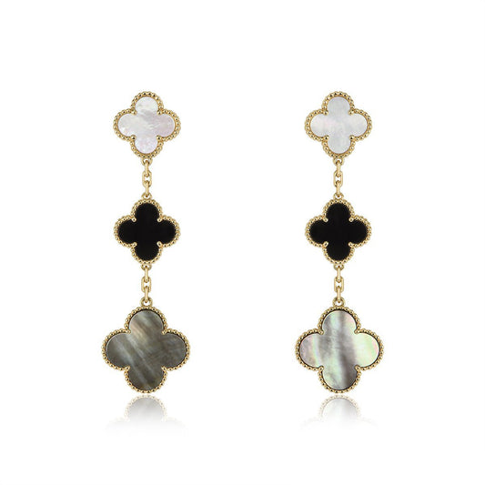 CLOVER EARRINGS GOLD ONYX MOP 3 MOTIF